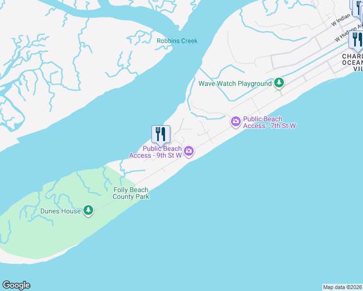 map of restaurants, bars, coffee shops, grocery stores, and more near 66 9th Street West in Folly Beach
