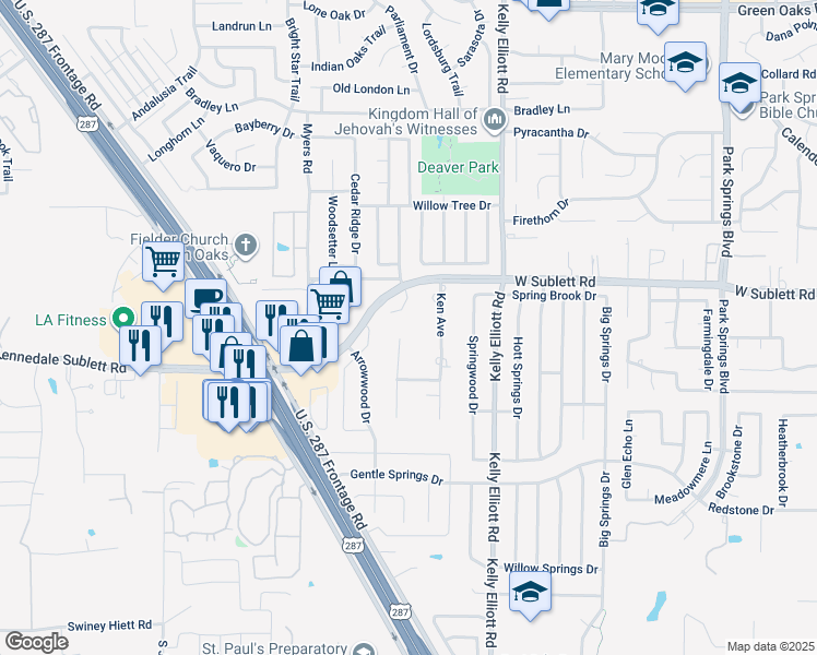 map of restaurants, bars, coffee shops, grocery stores, and more near 6103 Windsong Drive in Arlington