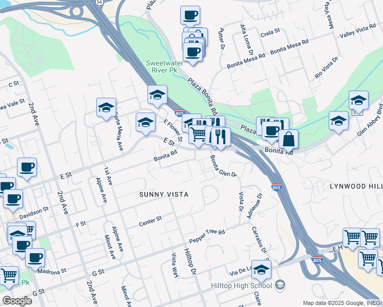 map of restaurants, bars, coffee shops, grocery stores, and more near 2 Bonita Road in Chula Vista