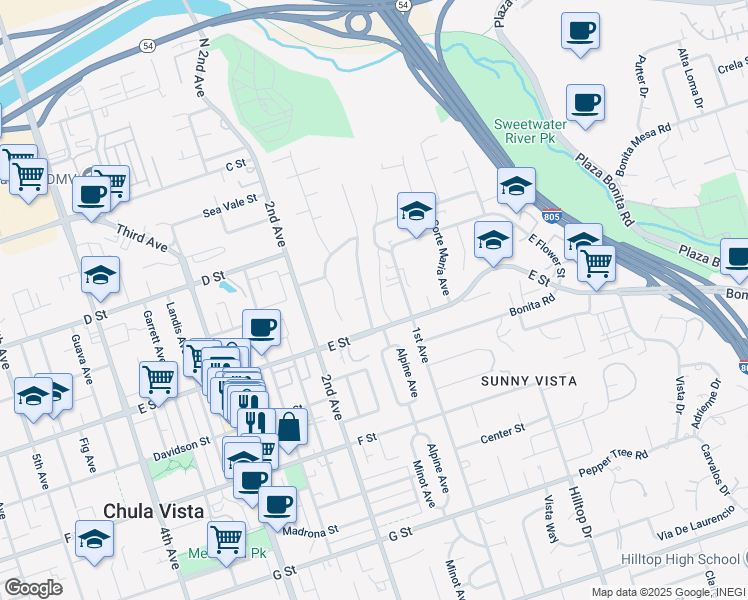 map of restaurants, bars, coffee shops, grocery stores, and more near 169 1/2 Minot Avenue in Chula Vista
