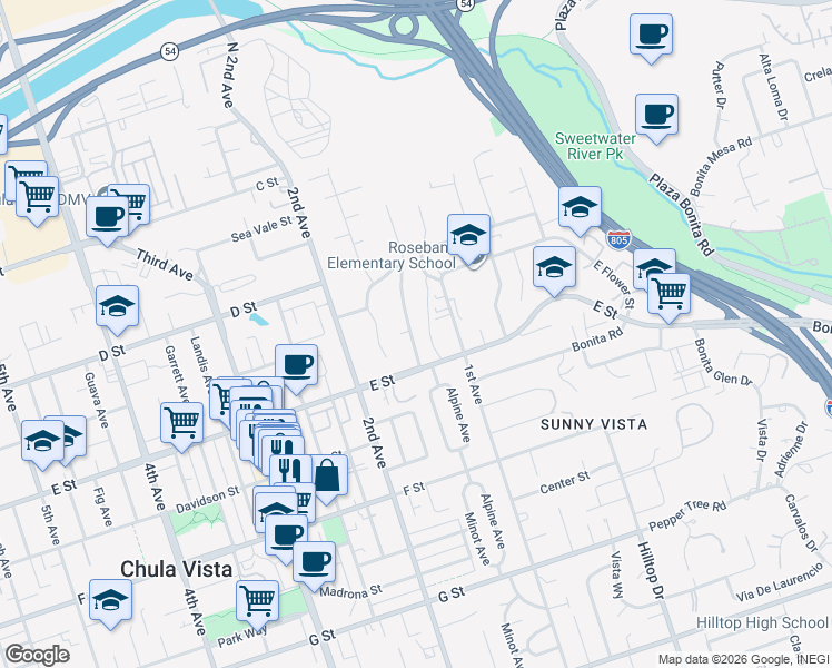 map of restaurants, bars, coffee shops, grocery stores, and more near 169 Minot Avenue in Chula Vista