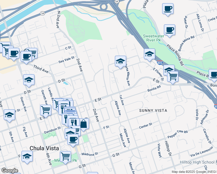 map of restaurants, bars, coffee shops, grocery stores, and more near 169 1/2 Minot Avenue in Chula Vista