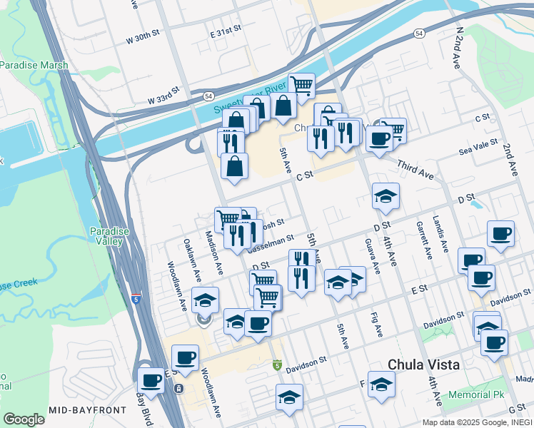 map of restaurants, bars, coffee shops, grocery stores, and more near 535 Mc Intosh Street in Chula Vista