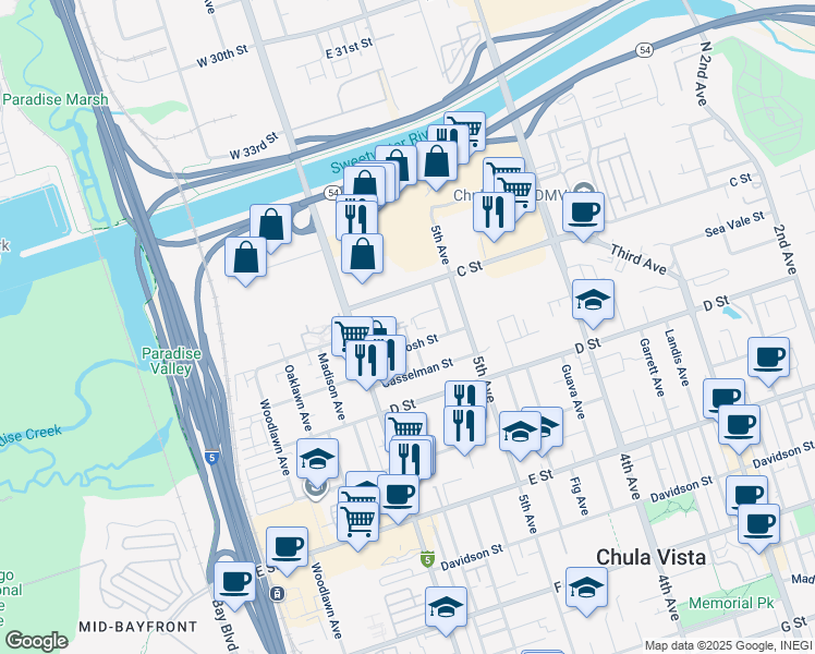 map of restaurants, bars, coffee shops, grocery stores, and more near 551 Mc Intosh Street in Chula Vista