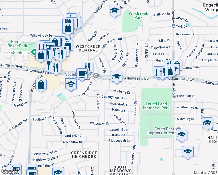 map of restaurants, bars, coffee shops, grocery stores, and more near 2628 Bamberry Drive in Fort Worth