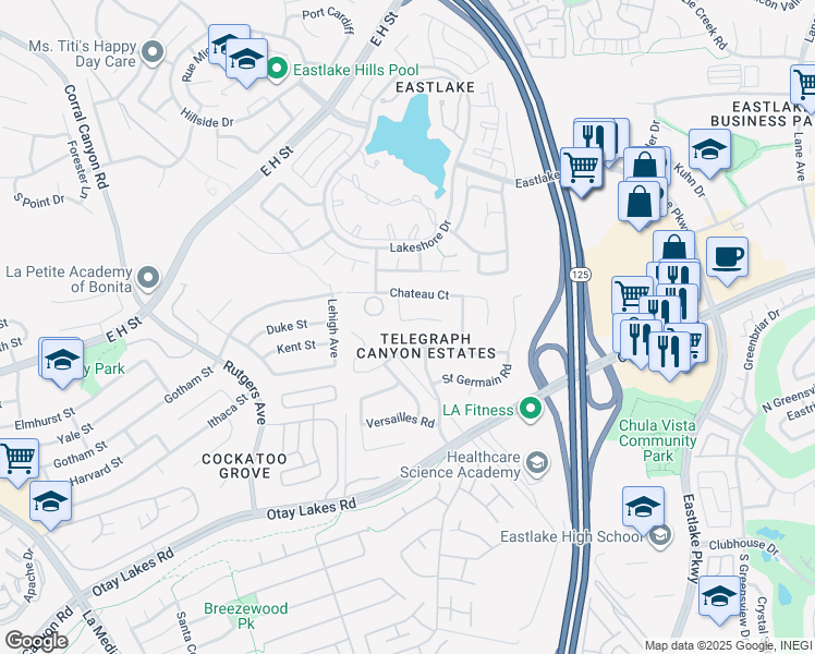 map of restaurants, bars, coffee shops, grocery stores, and more near 918 Lafayette Place in Chula Vista