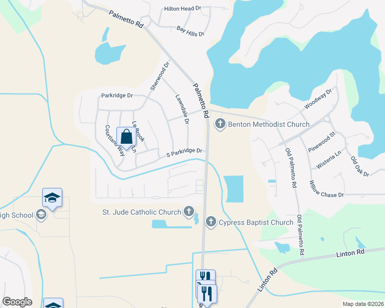 map of restaurants, bars, coffee shops, grocery stores, and more near 107 South Parkridge Drive in Benton