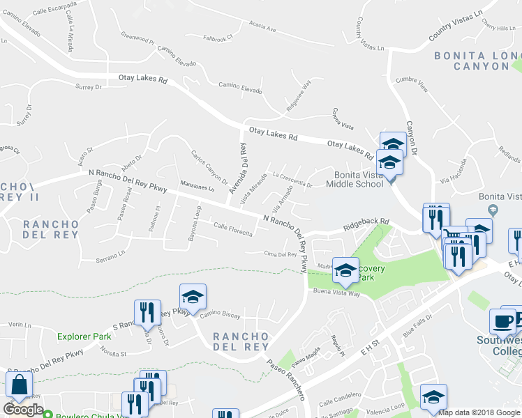map of restaurants, bars, coffee shops, grocery stores, and more near 1208 Positas Road in Chula Vista