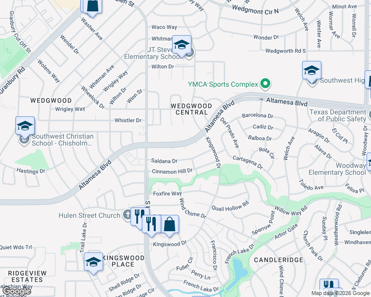 map of restaurants, bars, coffee shops, grocery stores, and more near 4531 Altamesa Boulevard in Fort Worth
