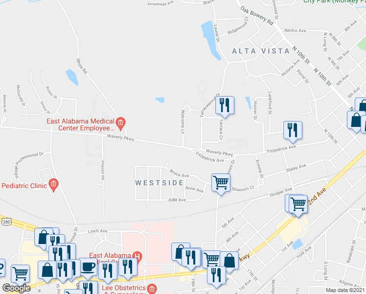 map of restaurants, bars, coffee shops, grocery stores, and more near 1926 Waverly Parkway in Opelika