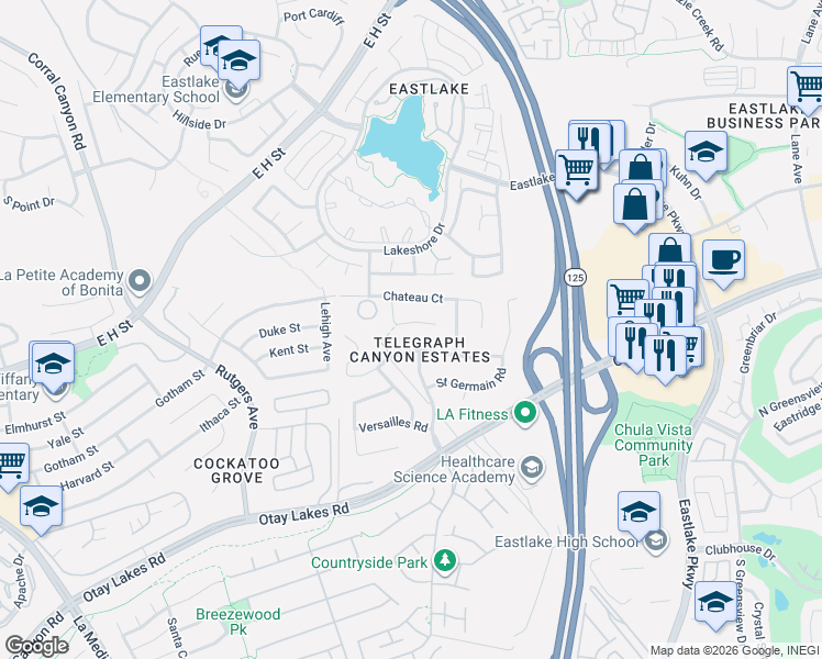 map of restaurants, bars, coffee shops, grocery stores, and more near 926 Lafayette Place in Chula Vista