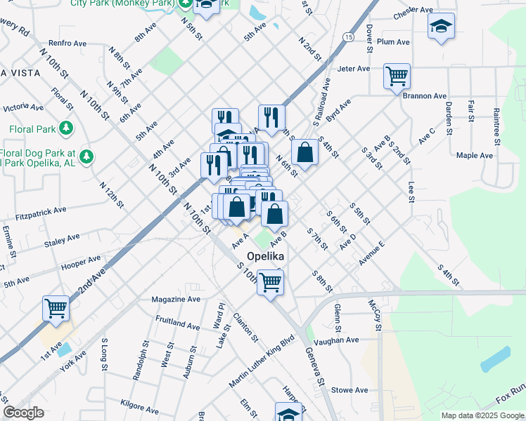 map of restaurants, bars, coffee shops, grocery stores, and more near 127 South 8th Street in Opelika