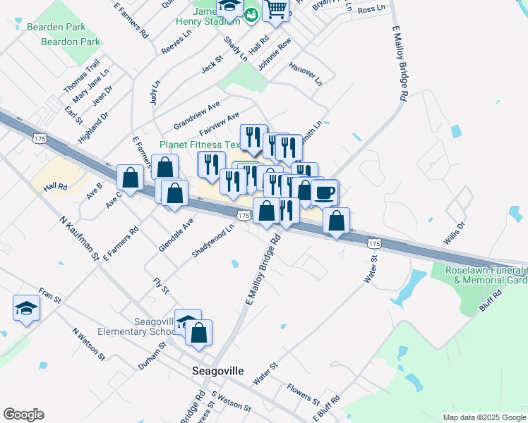map of restaurants, bars, coffee shops, grocery stores, and more near 206 U.S. 175 Frontage Road in Seagoville