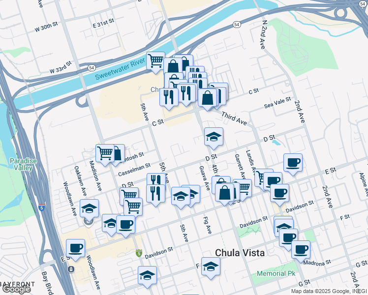 map of restaurants, bars, coffee shops, grocery stores, and more near 442 Casselman Street in Chula Vista
