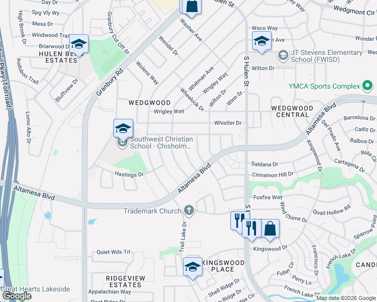 map of restaurants, bars, coffee shops, grocery stores, and more near 6801 Lancelot Court in Fort Worth