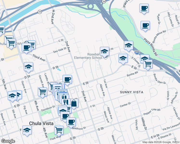 map of restaurants, bars, coffee shops, grocery stores, and more near 169 1/2 Minot Avenue in Chula Vista