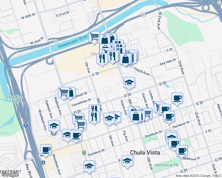 map of restaurants, bars, coffee shops, grocery stores, and more near 442 Casselman Street in Chula Vista