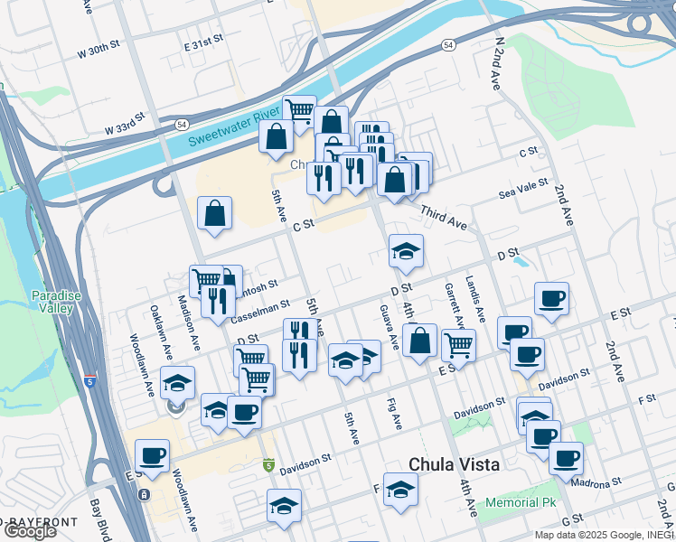 map of restaurants, bars, coffee shops, grocery stores, and more near 50 Monte Vista Avenue in Chula Vista