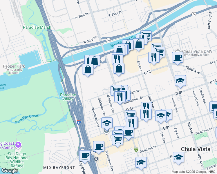 map of restaurants, bars, coffee shops, grocery stores, and more near 615 Sea Vale Street in Chula Vista