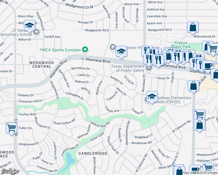 map of restaurants, bars, coffee shops, grocery stores, and more near 4154 Ladera Court in Fort Worth