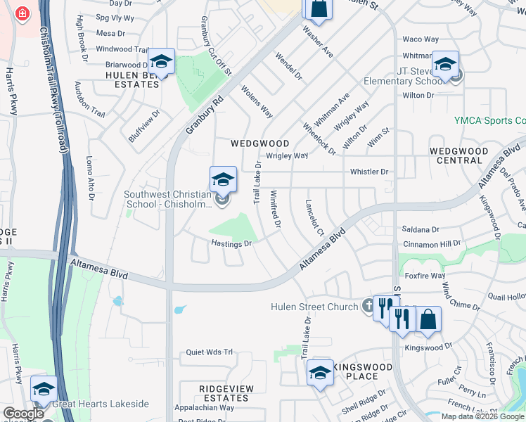 map of restaurants, bars, coffee shops, grocery stores, and more near 6803 Trail Lake Drive in Fort Worth