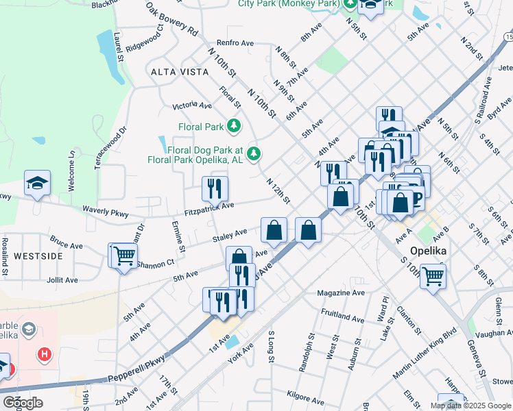 map of restaurants, bars, coffee shops, grocery stores, and more near 1005 Fitzpatrick Avenue in Opelika