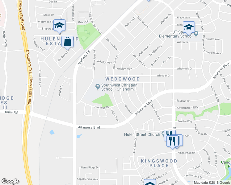 map of restaurants, bars, coffee shops, grocery stores, and more near 6801 Trail Lake Drive in Fort Worth