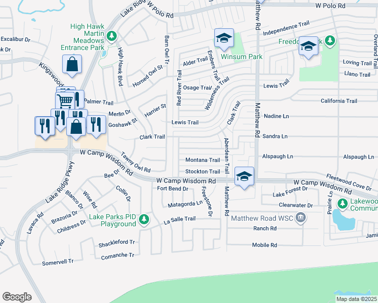 map of restaurants, bars, coffee shops, grocery stores, and more near 2106 Montana Trail in Grand Prairie