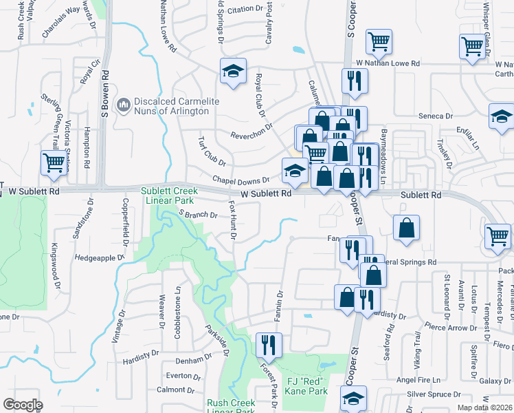 map of restaurants, bars, coffee shops, grocery stores, and more near 6009 Pinwood Circle in Arlington