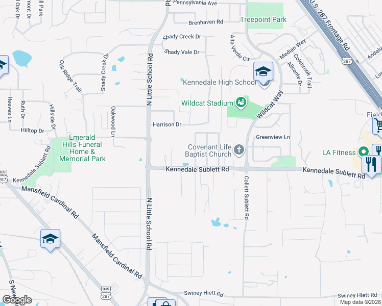 map of restaurants, bars, coffee shops, grocery stores, and more near 602 Bluebonnet Lane in Kennedale