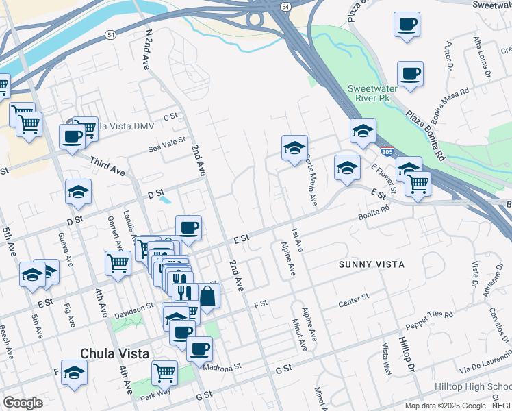 map of restaurants, bars, coffee shops, grocery stores, and more near 169 1/2 Minot Avenue in Chula Vista