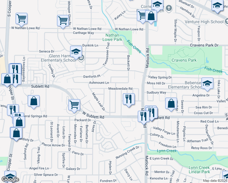 map of restaurants, bars, coffee shops, grocery stores, and more near 6006 Meadowside Trail in Arlington