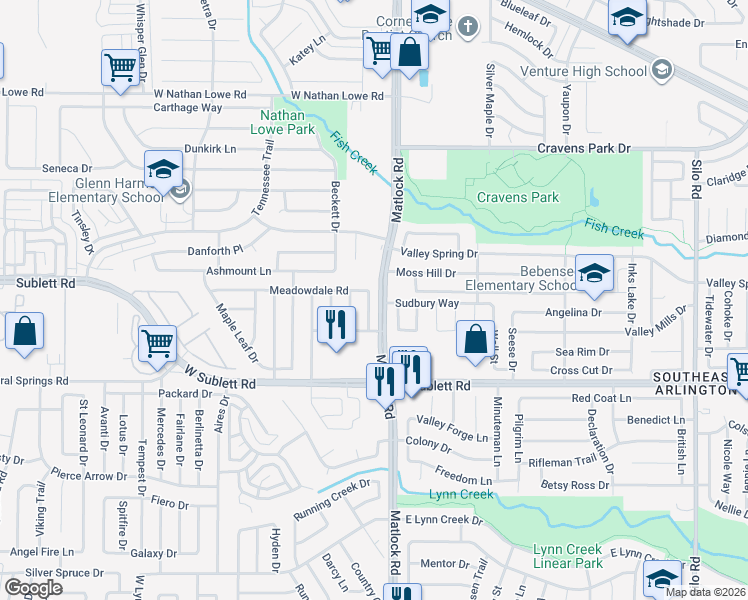 map of restaurants, bars, coffee shops, grocery stores, and more near 6009 Meadowdale Road in Arlington