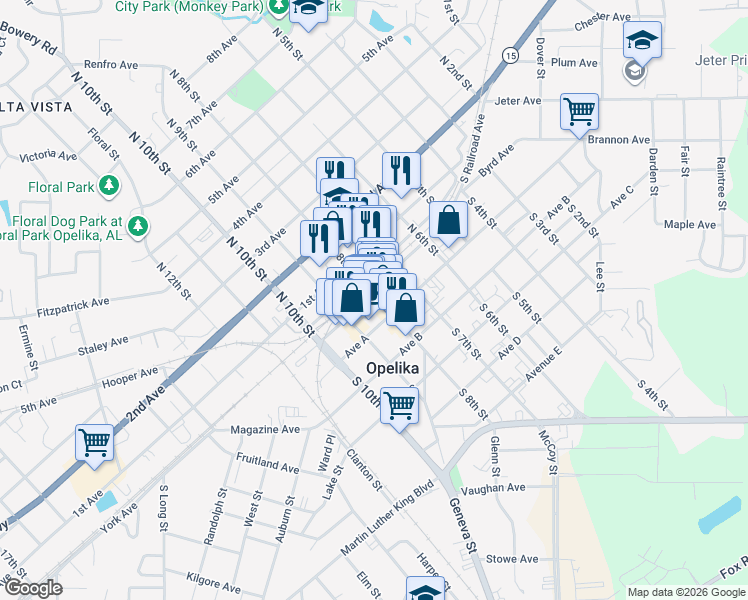 map of restaurants, bars, coffee shops, grocery stores, and more near 109 South 8th Street in Opelika