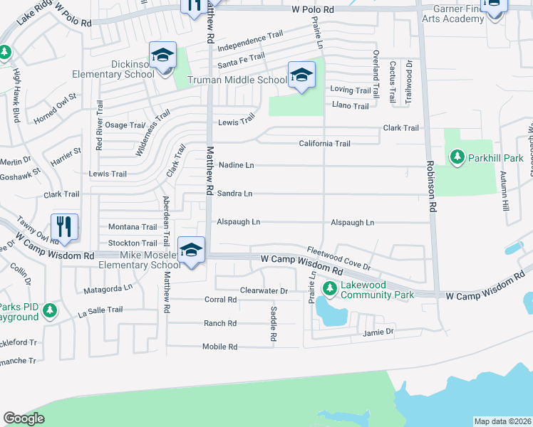 map of restaurants, bars, coffee shops, grocery stores, and more near 1418 Alspaugh Lane in Grand Prairie