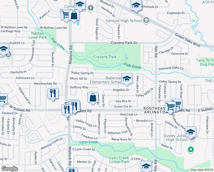 map of restaurants, bars, coffee shops, grocery stores, and more near 323 Angelina Drive in Arlington