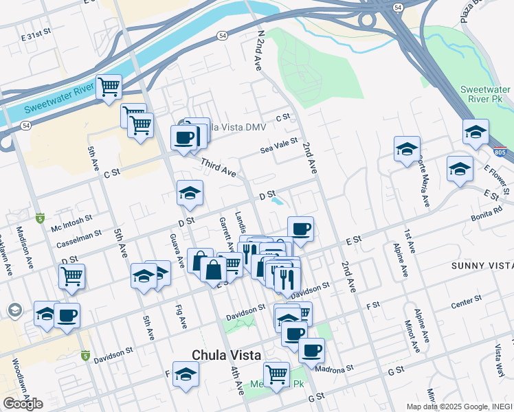 map of restaurants, bars, coffee shops, grocery stores, and more near 114 3rd Avenue in Chula Vista