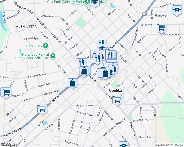 map of restaurants, bars, coffee shops, grocery stores, and more near 1006 1st Avenue in Opelika