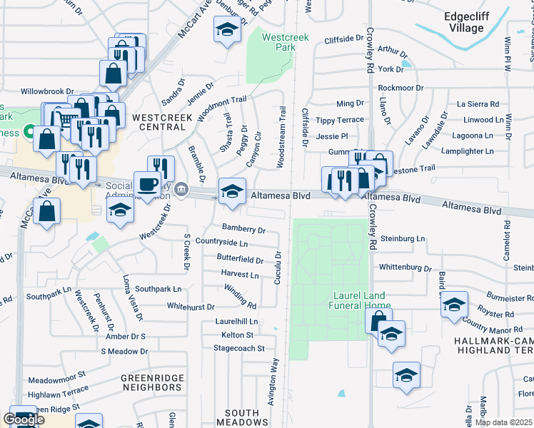 map of restaurants, bars, coffee shops, grocery stores, and more near 2509 Railridge Circle South in Fort Worth