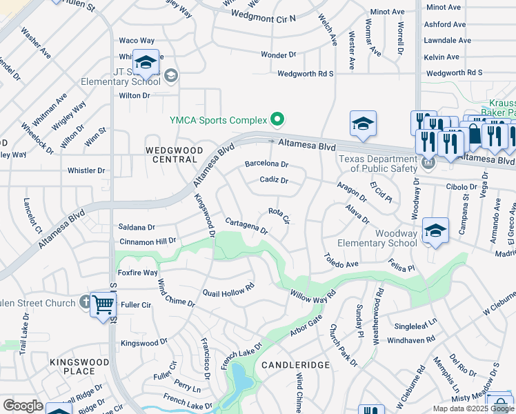 map of restaurants, bars, coffee shops, grocery stores, and more near 6805 Del Prado Avenue in Fort Worth