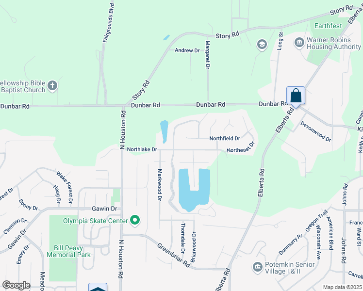 map of restaurants, bars, coffee shops, grocery stores, and more near 226 Northlake Drive in Warner Robins