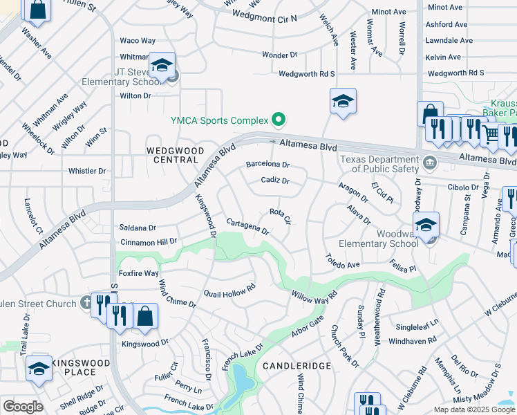 map of restaurants, bars, coffee shops, grocery stores, and more near 6805 Del Prado Avenue in Fort Worth