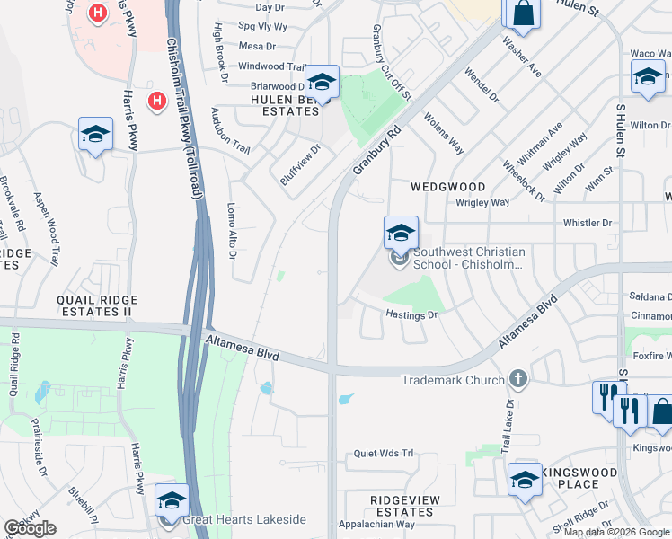 map of restaurants, bars, coffee shops, grocery stores, and more near 6799 Granbury Road in Fort Worth