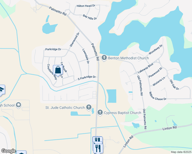 map of restaurants, bars, coffee shops, grocery stores, and more near 107 South Parkridge Drive in Benton