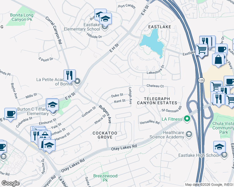 map of restaurants, bars, coffee shops, grocery stores, and more near 1957 Duke Street in Chula Vista
