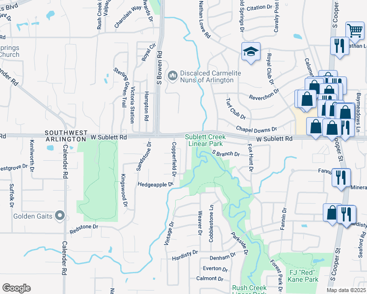 map of restaurants, bars, coffee shops, grocery stores, and more near 6014 Red Fern Drive in Arlington