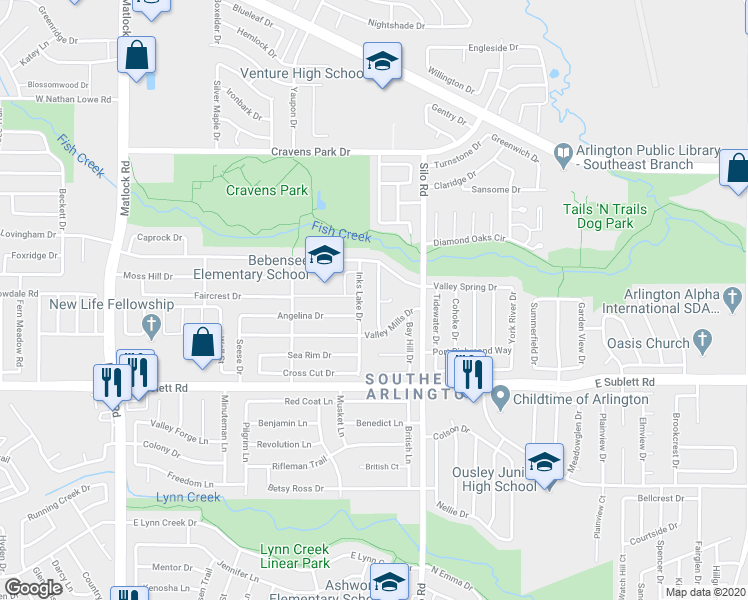 map of restaurants, bars, coffee shops, grocery stores, and more near 5914 Rocky Point Drive in Arlington