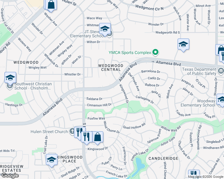 map of restaurants, bars, coffee shops, grocery stores, and more near 4523 Altamesa Boulevard in Fort Worth
