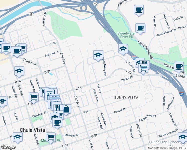 map of restaurants, bars, coffee shops, grocery stores, and more near 194 1st Avenue in Chula Vista