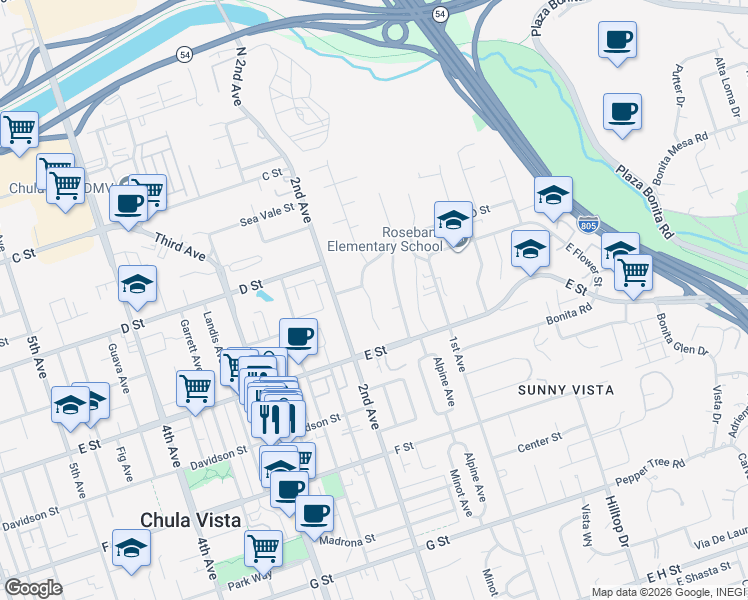 map of restaurants, bars, coffee shops, grocery stores, and more near 166A Las Flores Drive in Chula Vista
